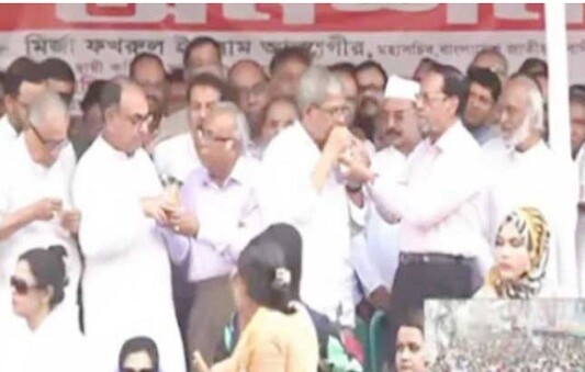 জুস খাইয়ে মির্জা ফখরুলকে অনশন ভাঙালেন অলি
