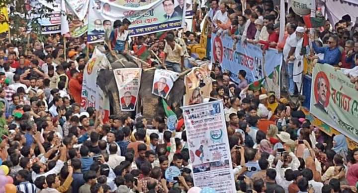 আ’লীগের শোভাযাত্রায় দৃষ্টি কেড়েছে নাছিমের ‘হাতি’নেতাকর্মীর ঢল