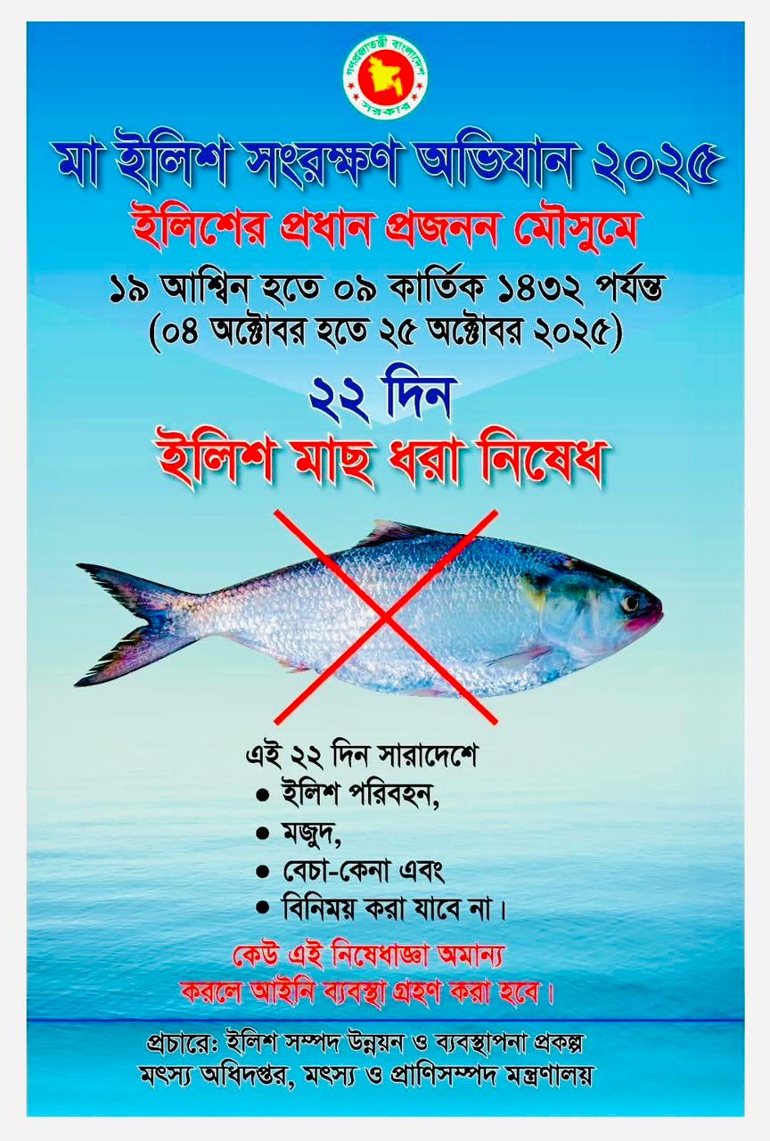 ডিম ছাড়তে নদীতে আসছে ইলিশ,নিষেধাজ্ঞা শুরু ৪ অক্টোবর!