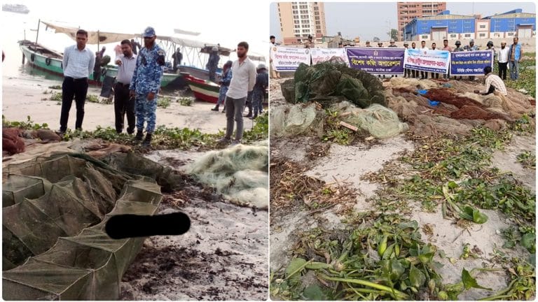 মুন্সিগঞ্জে নদী থেকে ৯৫ হাজার মিটার কারেন্ট জাল ও নিষিদ্ধ চায়না রিং উদ্ধারের পর ধ্বংস